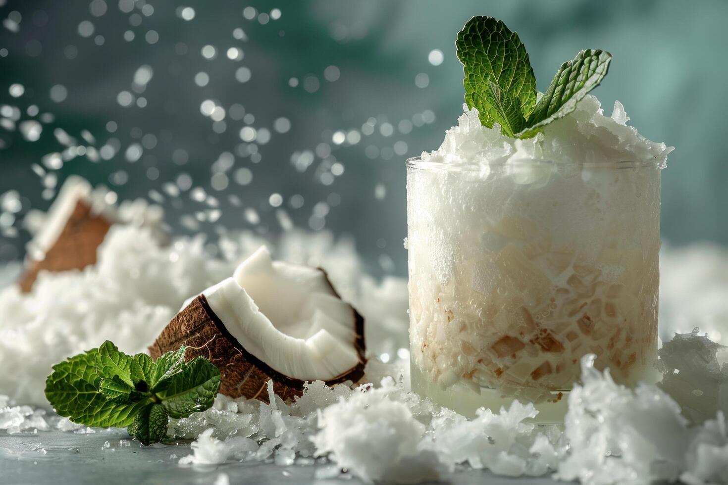 AI generated a coconut mojito, with muddled mint leaves, coconut rum, and coconut cream, served over crushed ice photo