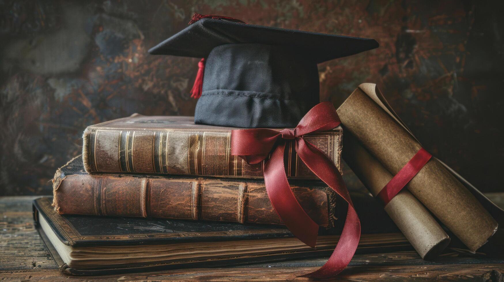 AI generated A mortarboard and graduation scroll, bound with a red ribbon, rest on a pile of worn-out books with an open area photo