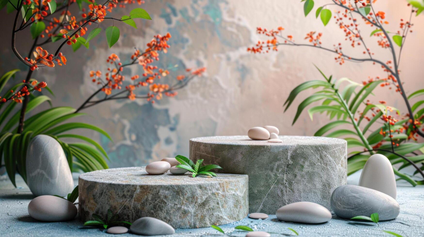 AI generated A premium paper podium set against a soft pastel backdrop, embellished with plant branches, leaves, pebbles photo