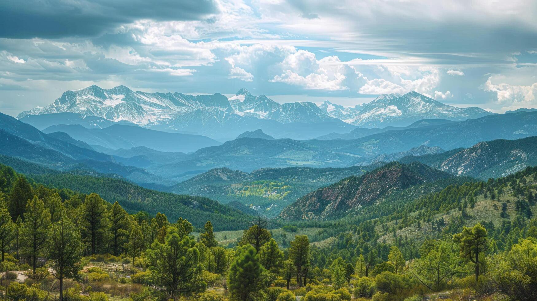 AI generated A panoramic view of rugged, snow-capped mountains, their peaks piercing the sky photo