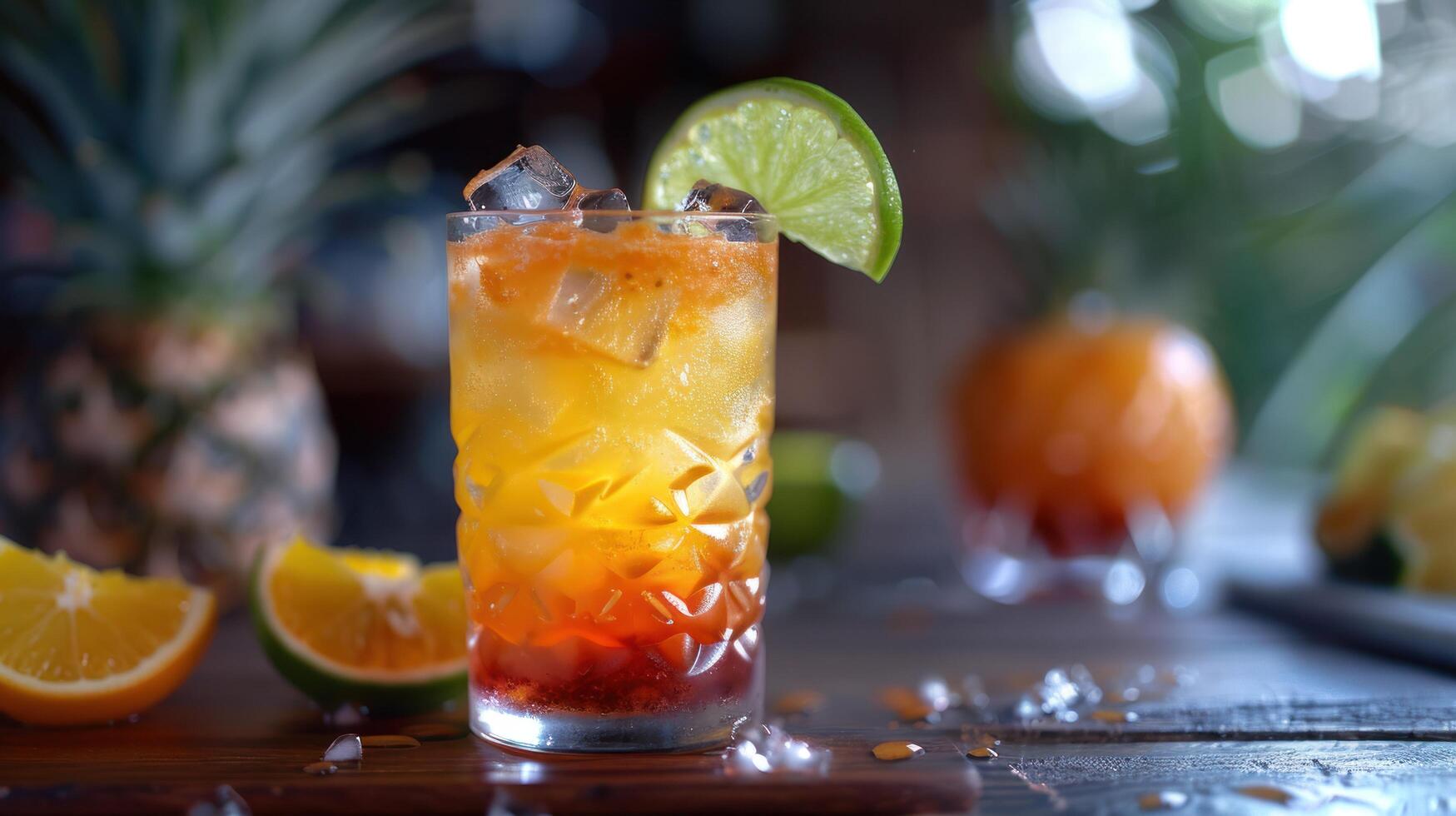 AI generated a rum punch, with dark rum, pineapple juice, orange juice, grenadine, and a splash of lime photo