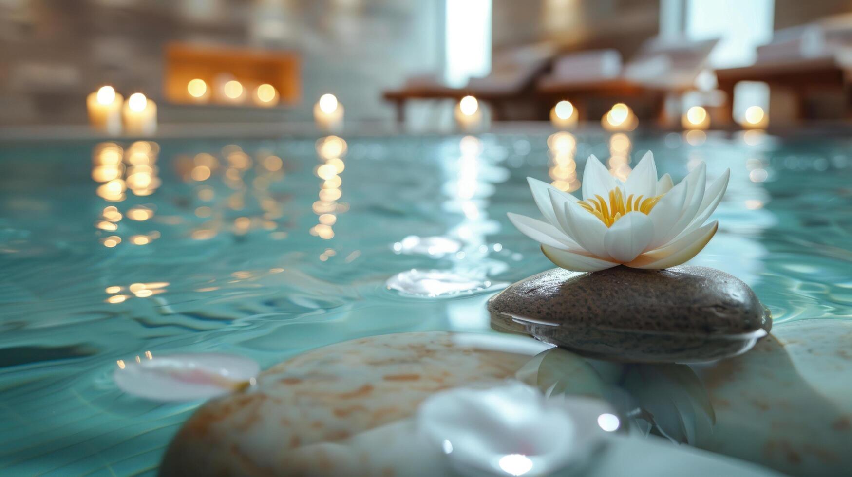 AI generated A tranquil spa ambiance featuring a water lily and Zen stone in a serene pool photo