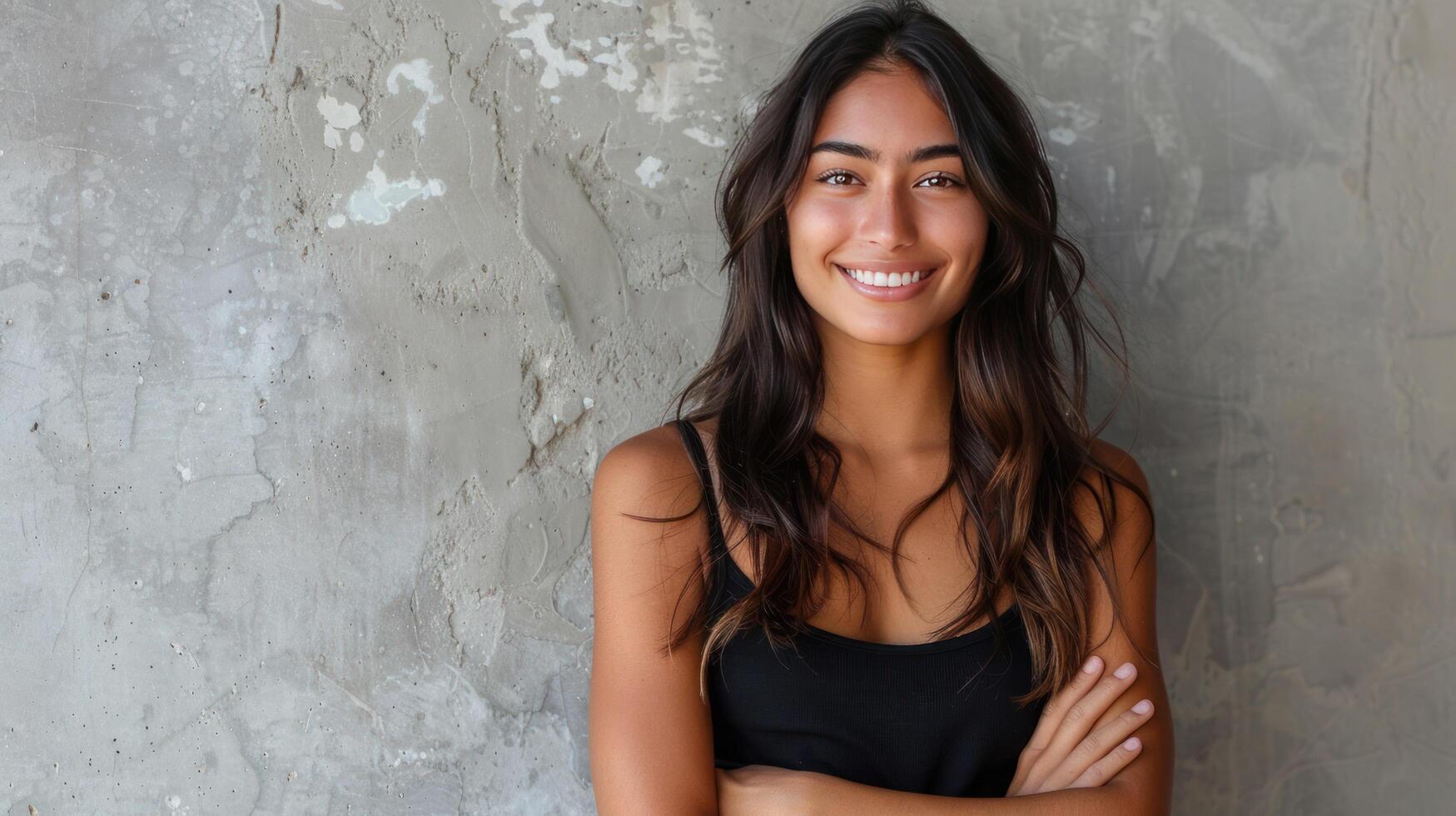 ai generado un retrato de un joven latín mujer con un calentar sonrisa y brazos cruzado, en pie en contra un gris pared foto