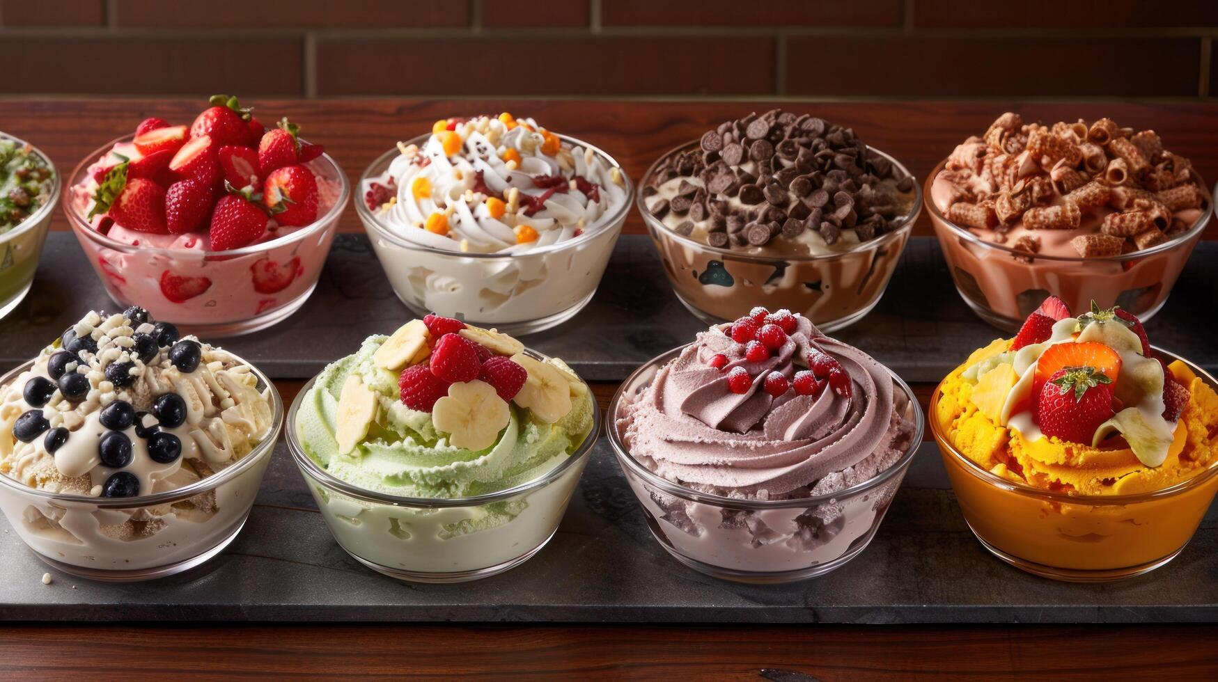 AI generated a sundae bar, with various flavors of ice cream and a variety of toppings for customers to choose from photo