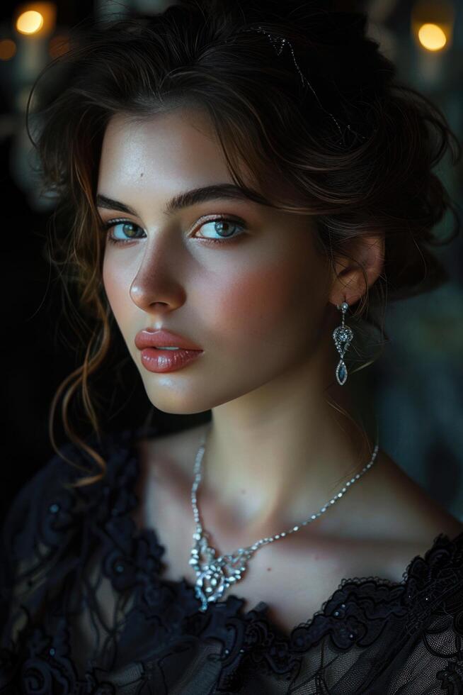 AI generated A stunning woman wearing elegant jewelry in a dark setting. This is a fashionable portrait photo