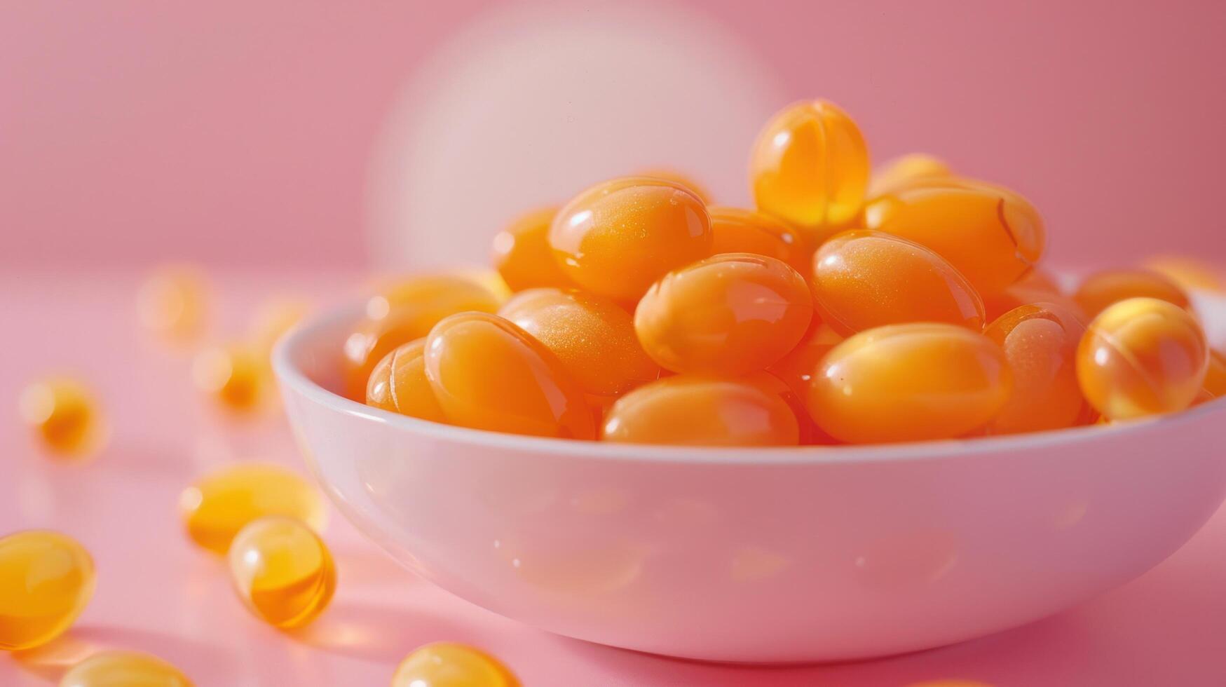 ai generado naranja vitamina pastillas arreglado en un suave rosado antecedentes en un bien iluminado estudio foto