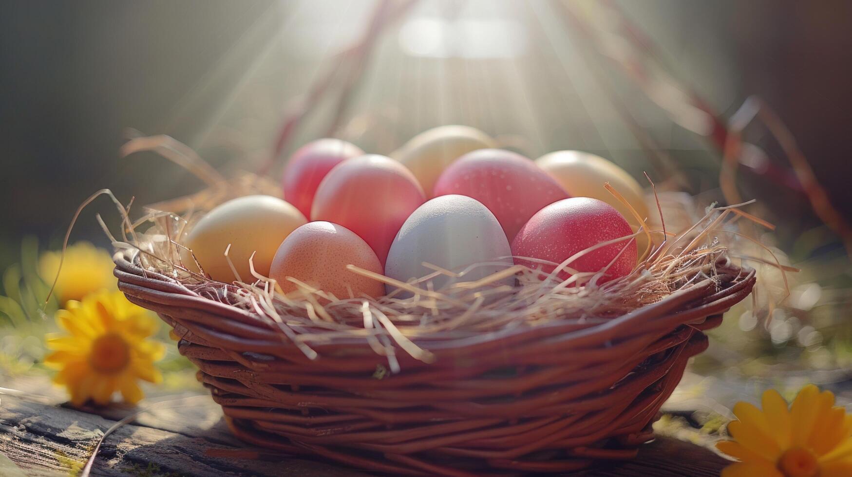 ai generado Pascua de Resurrección huevos arreglado en un cesta hecho de de madera tableros foto