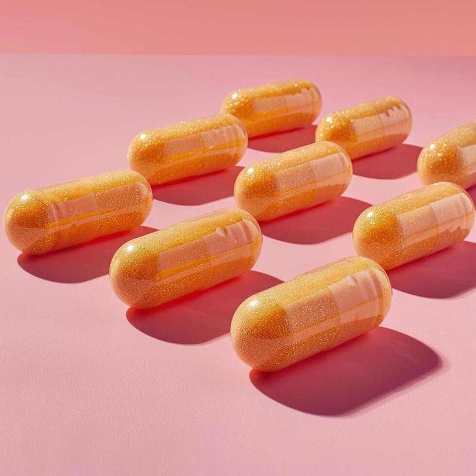 ai generado naranja vitamina pastillas arreglado en un suave rosado antecedentes en un bien iluminado estudio foto