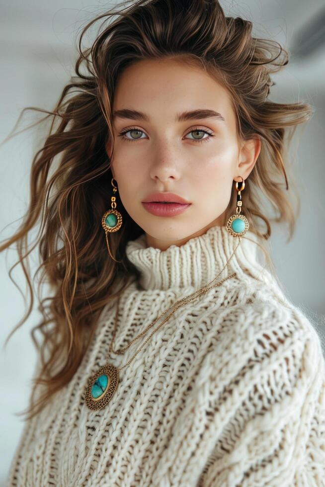 AI generated Ethnic stone rings and earrings styled on a model as boho jewelry photo