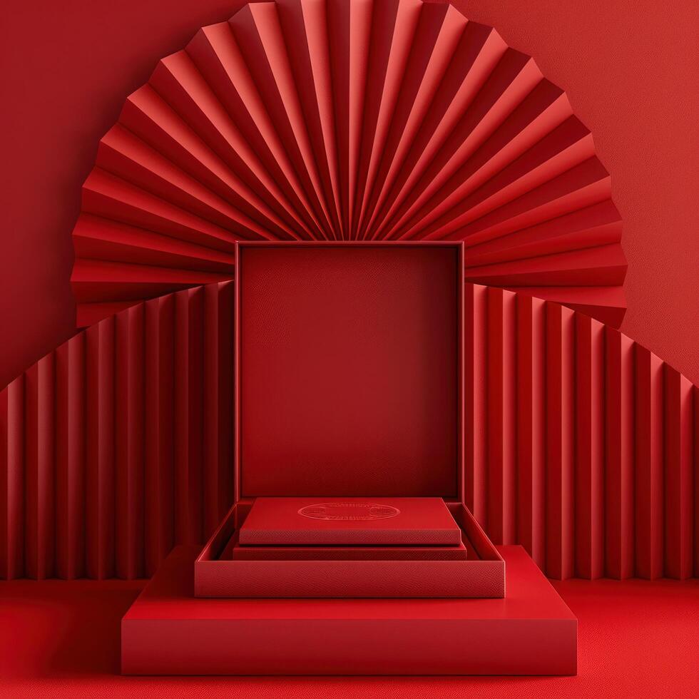 AI generated Minimalistic beauty mockup for product presentation featuring a red blank open paper box against photo