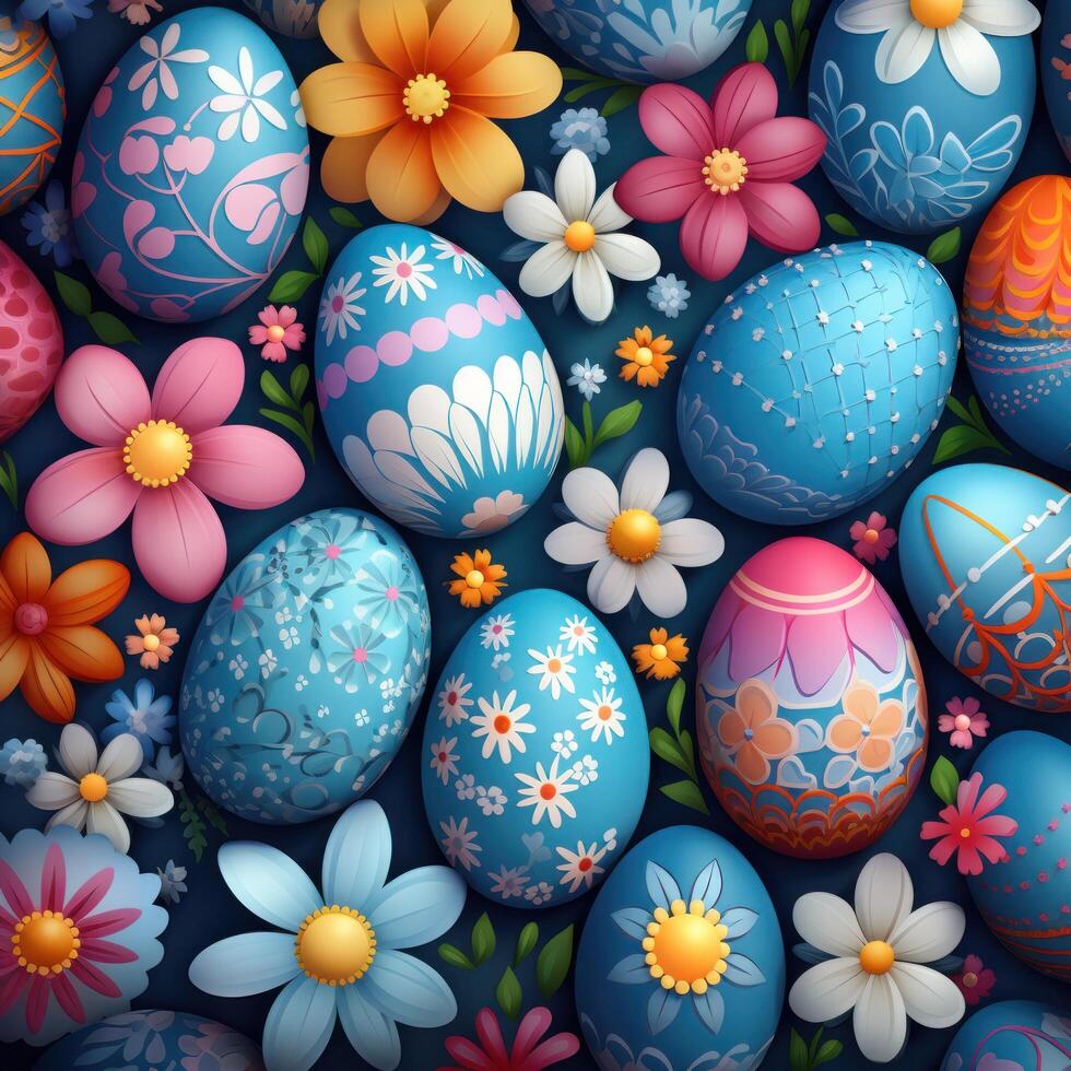 AI generated cute easter background with colorful eggs and flowers photo