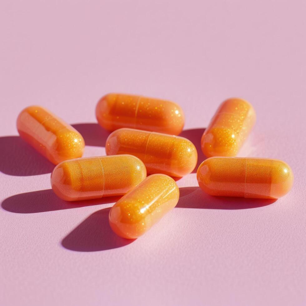 ai generado naranja vitamina pastillas arreglado en un suave rosado antecedentes en un bien iluminado estudio foto