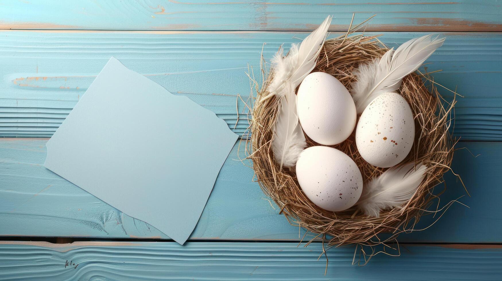 ai generado bandera presentando Pascua de Resurrección huevos y plumas en un nido en un azul de madera fondo, encarnando un minimalista concepto foto