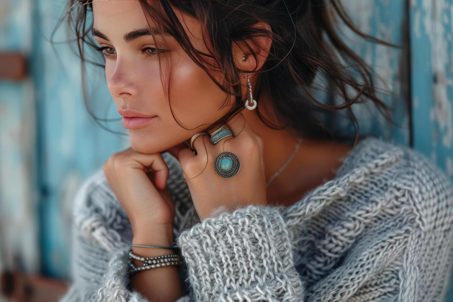 AI generated Bohemian jewelry showcased on a model. featuring ethnic stone rings and earrings photo