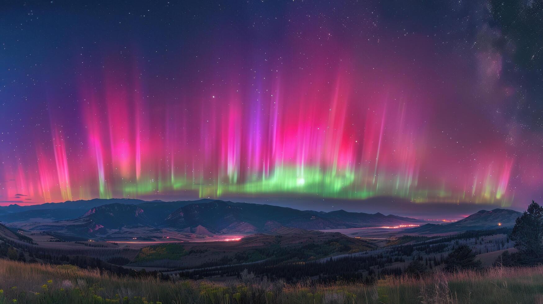 AI generated Ribbons of green, pink, and purple dance across the night sky, painting it with otherworldly colors photo