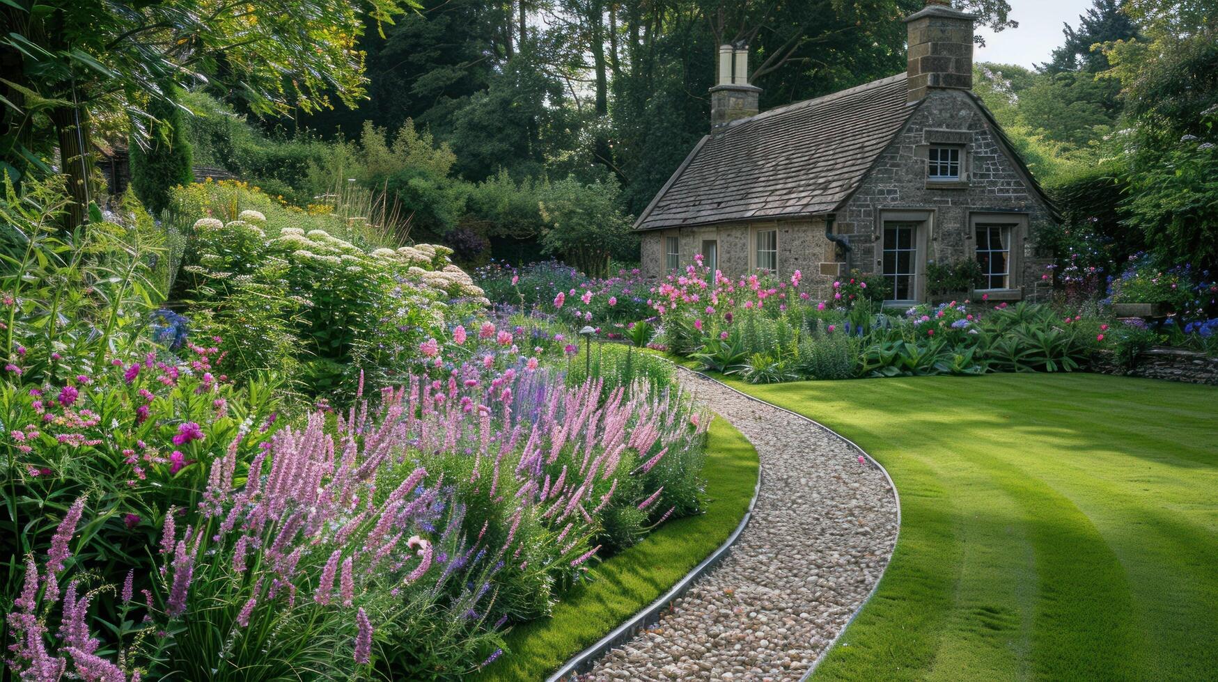 AI generated Vibrant Flowerbeds and Curving Grass Path in a Charming English Formal Garden photo