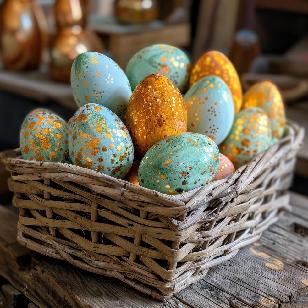 ai generado Pascua de Resurrección huevos arreglado en un cesta hecho de de madera tableros foto