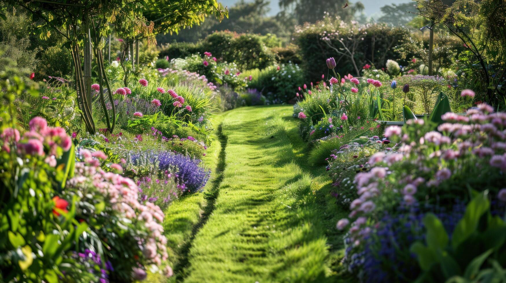 AI generated Vibrant Flowerbeds and Curving Grass Path in a Charming English Formal Garden photo