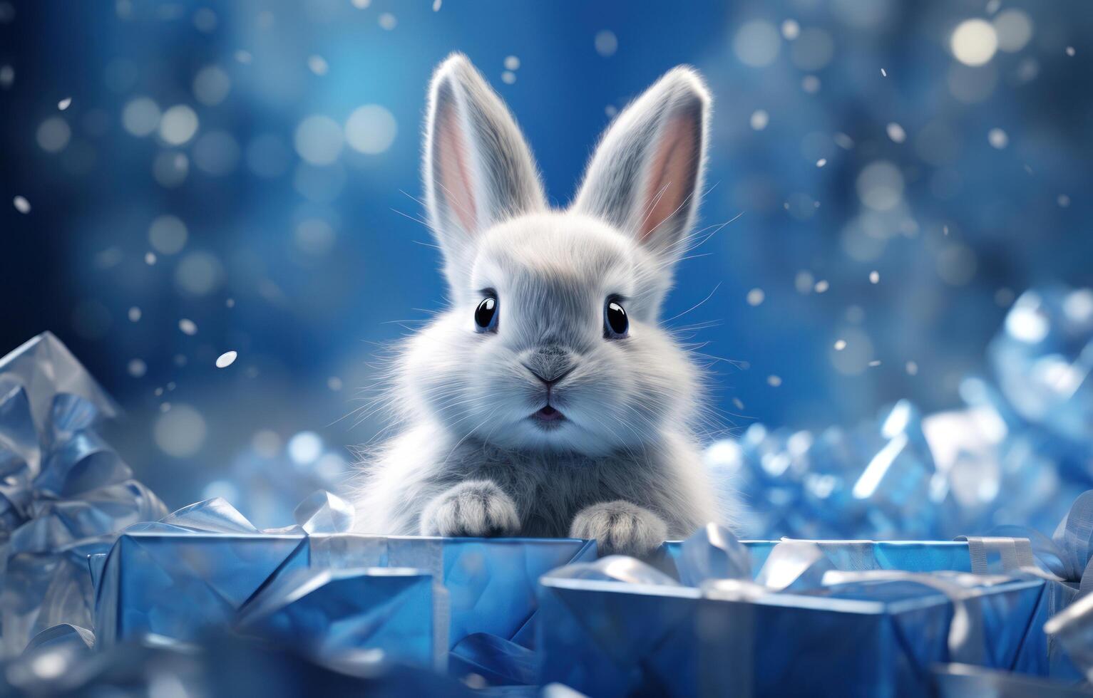 AI generated easter bunny in plastic gift box with presents photo