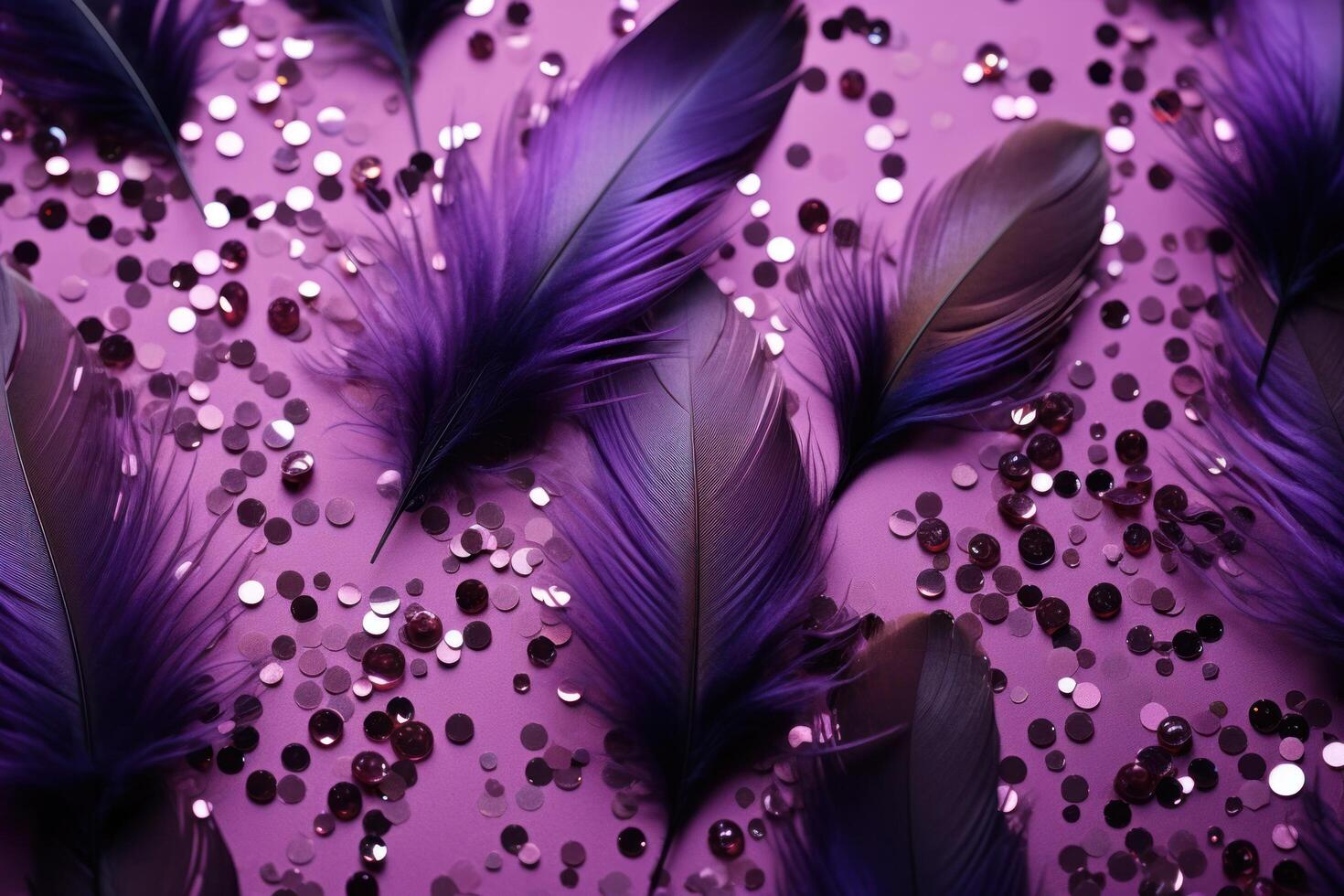 AI generated an arrangement of purple feathers on a purple background photo