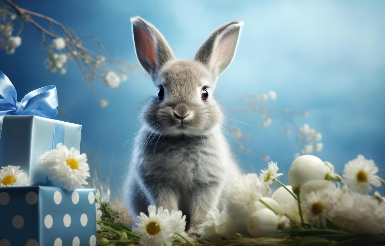 AI generated an easter bunny on a blue square background photo