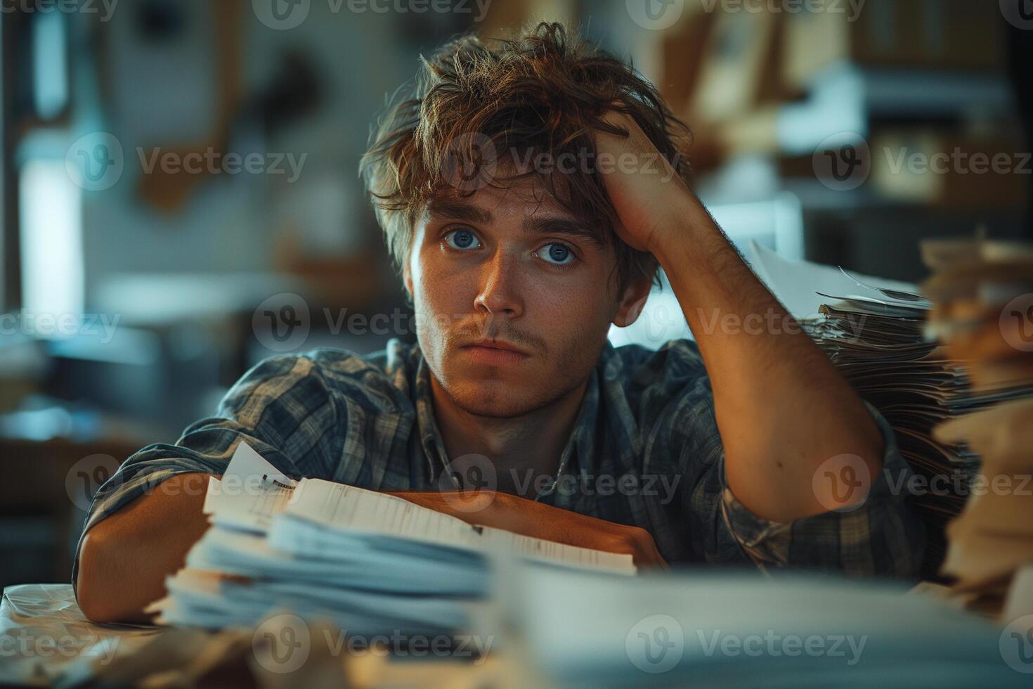 AI generated Upset and tired male employee at work in the office who is worried about unfinished reports photo