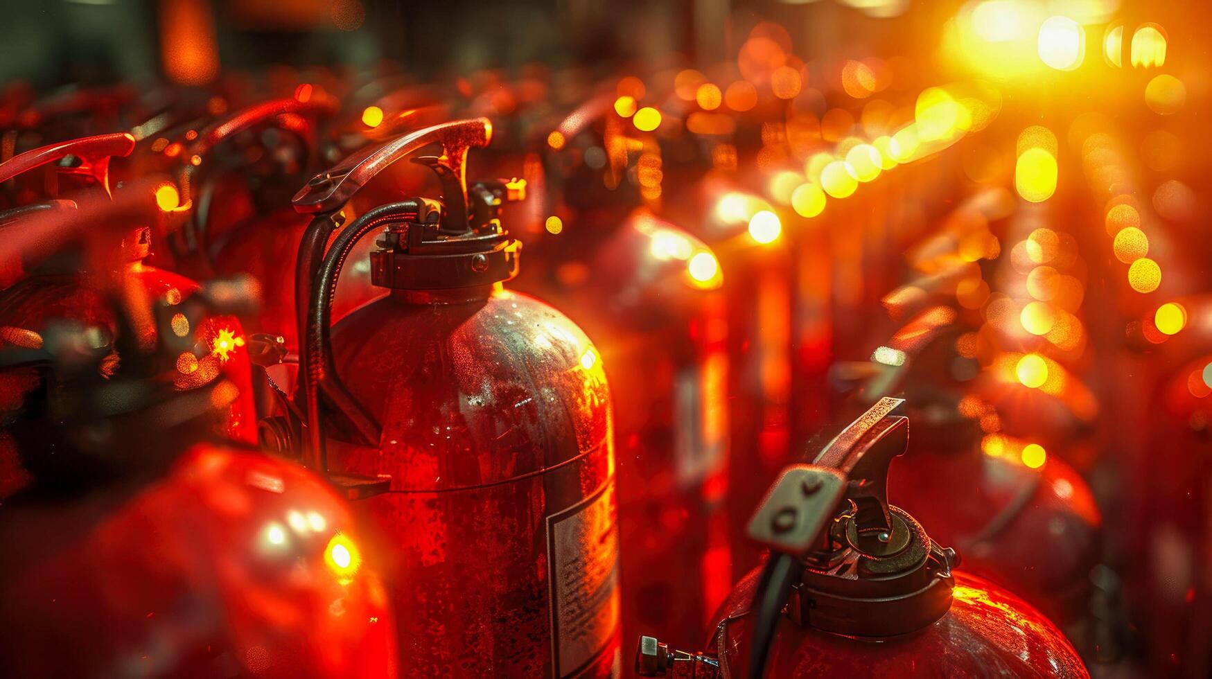 AI generated Red fire extinguishers in a row with bokeh background photo