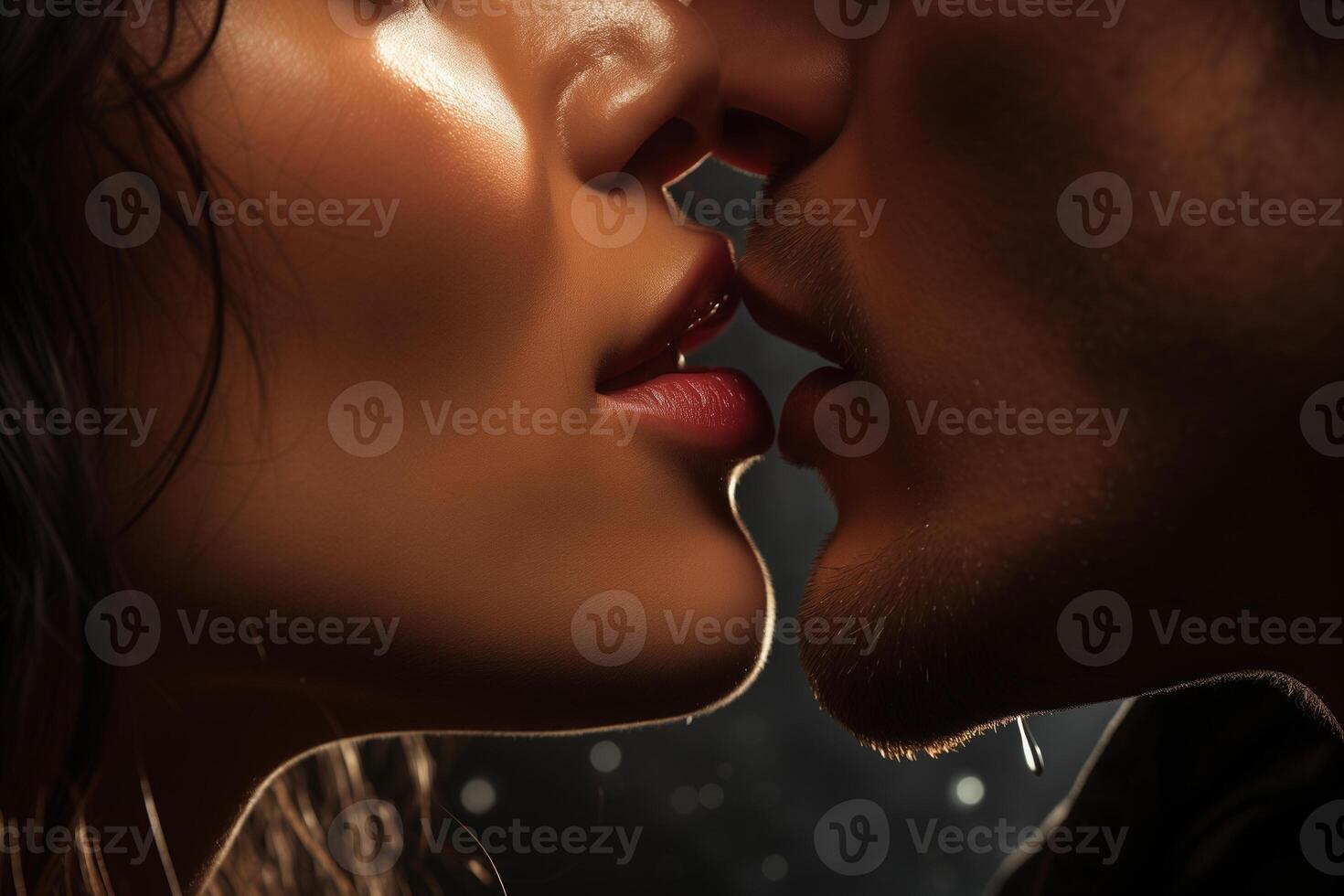 AI generated couple - man and woman kissing, close-up photo