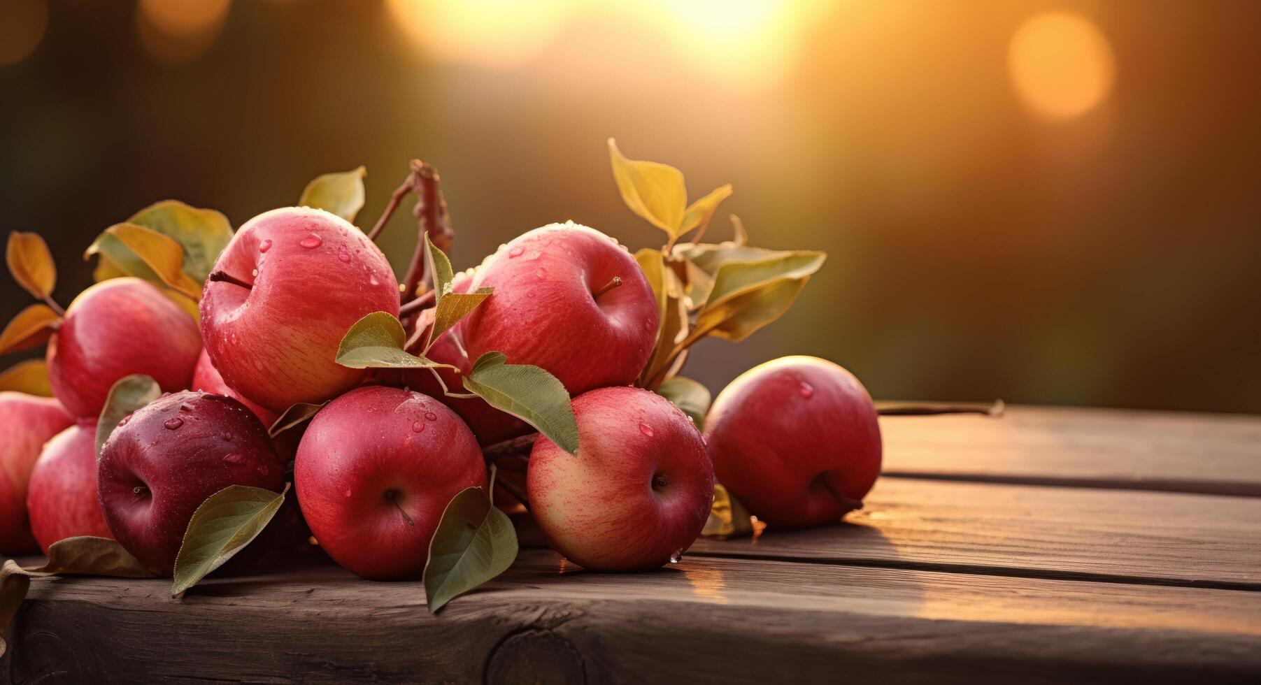 ai generado un de madera mesa con rojo manzanas en eso foto