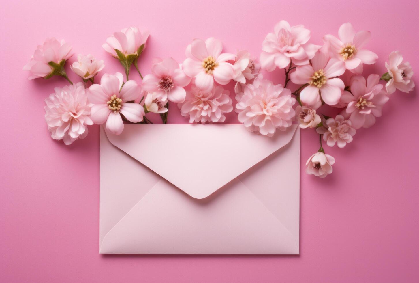 AI generated pink envelope with romantic flowers on pink background photo