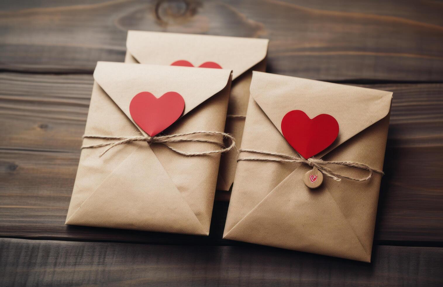 AI generated an envelope with red heart sticker on a wooden background photo