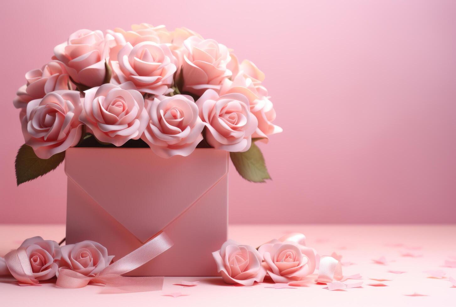 AI generated open pink envelope with pink roses floating on the pink background photo