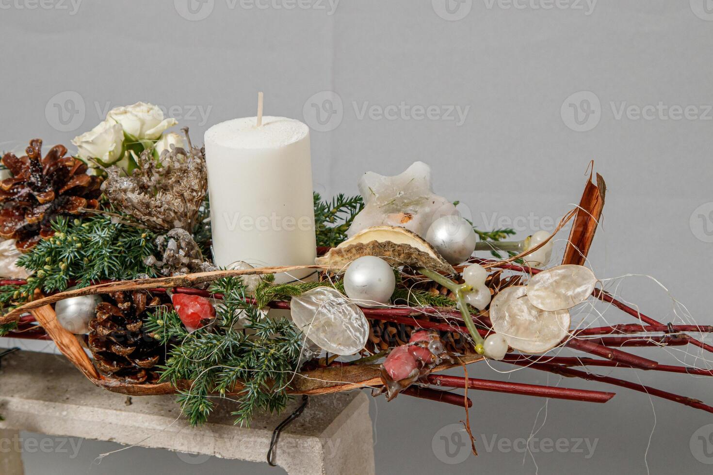 Christmas composition of flowers and Christmas decorations photo