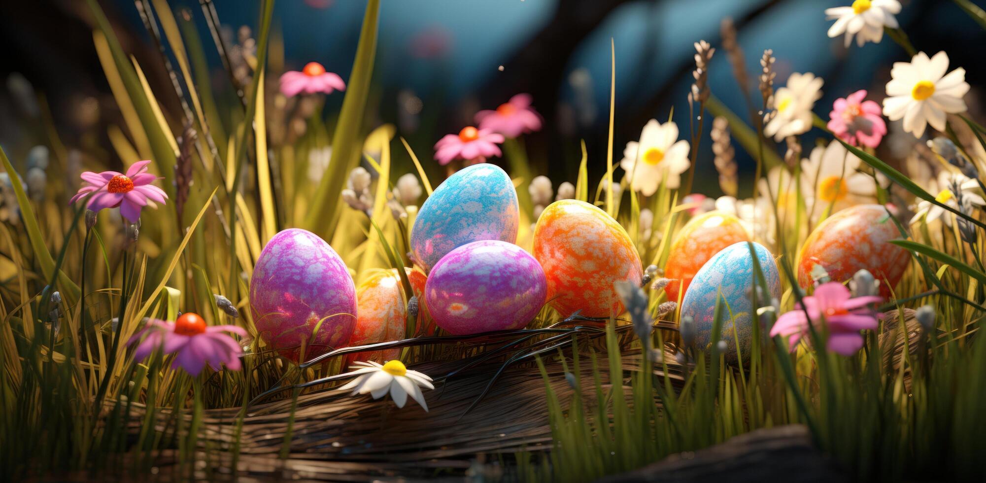 AI generated easter eggs, flower and grass in grass, on wooden table background photo