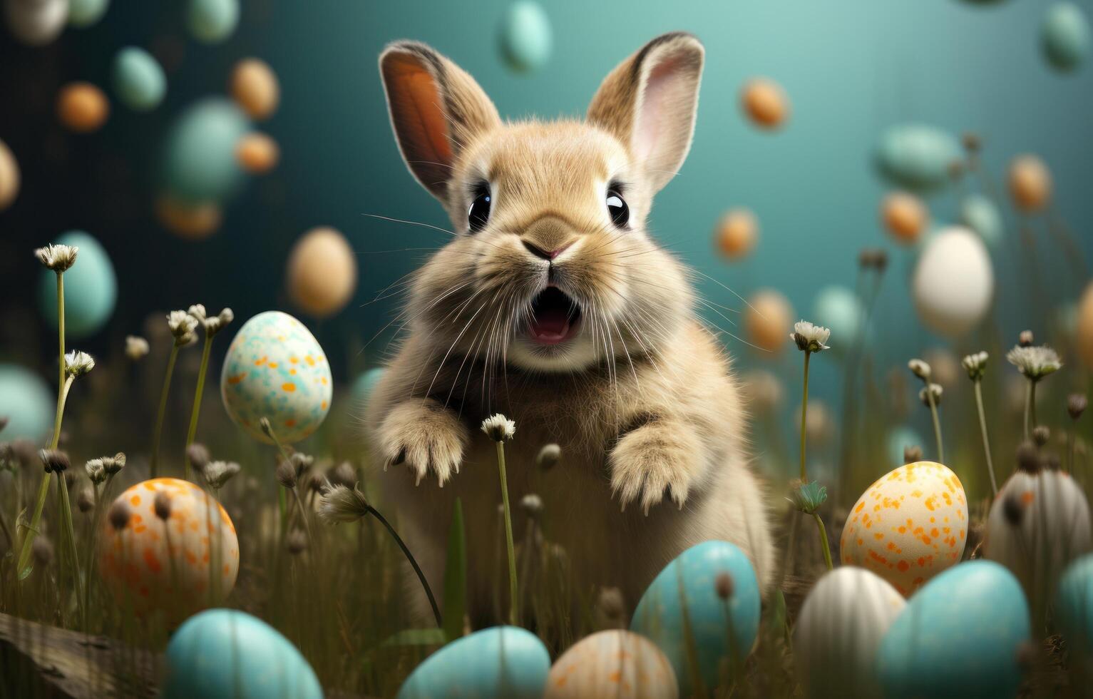 AI generated a rabbit in grass jumping around easter eggs photo