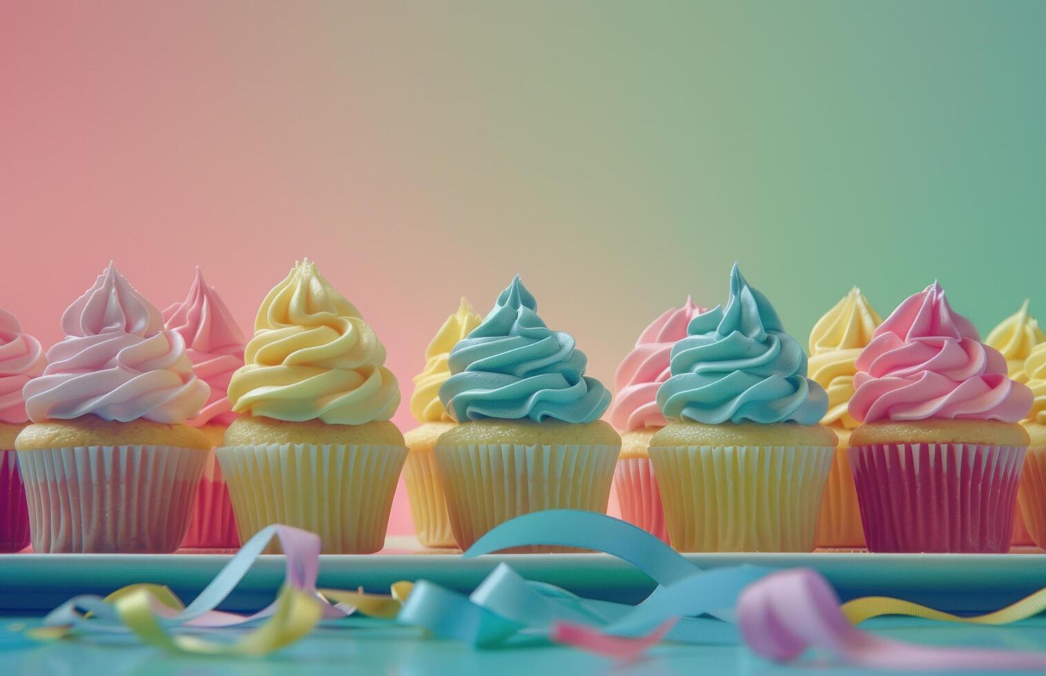 AI generated a colorful frame of cupcakes and ribbon is present photo