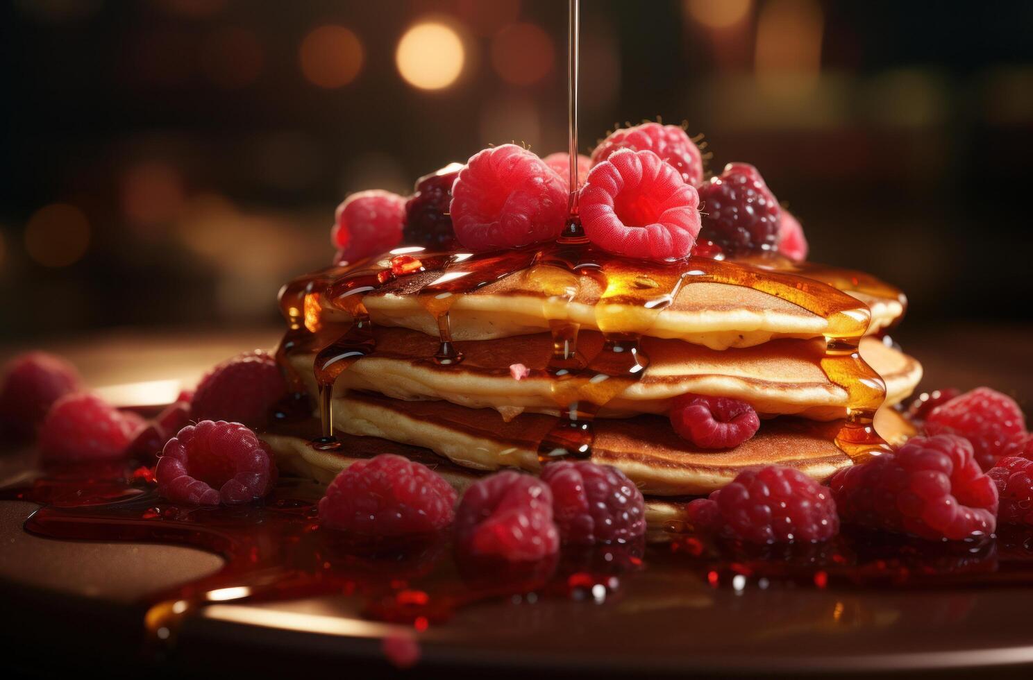 AI generated a stack of pancakes on a table with raspberries and maple syrup photo