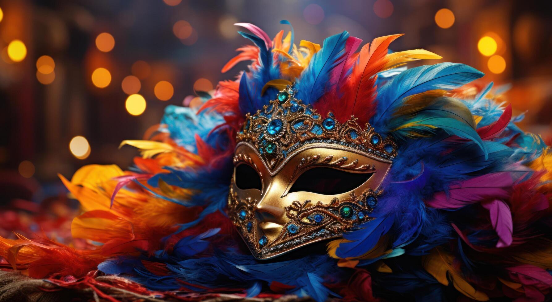 AI generated a carnival masquerade mask with colorful feathers and dangling feathers photo
