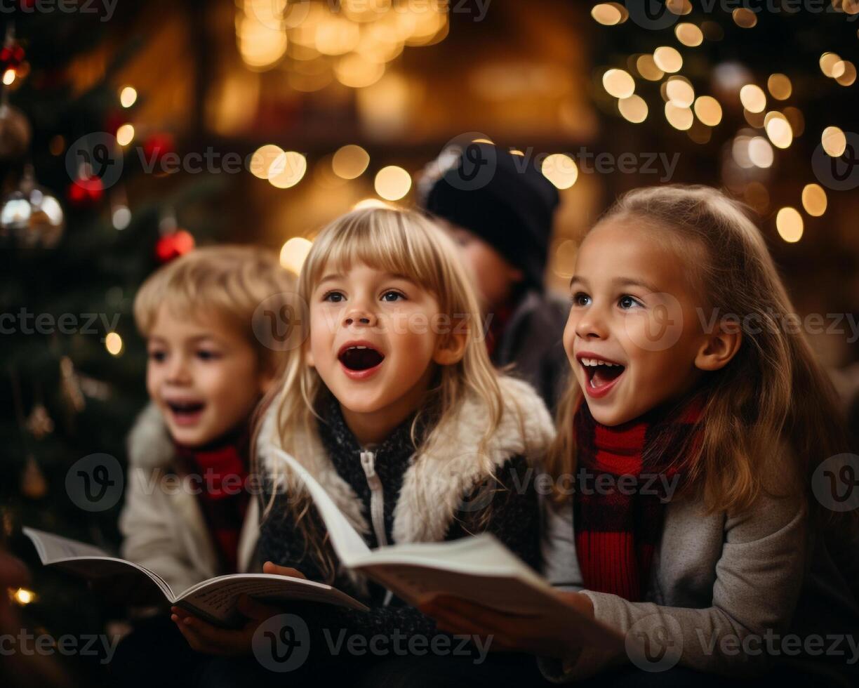 AI generated Cheerful children sing carols on the street photo