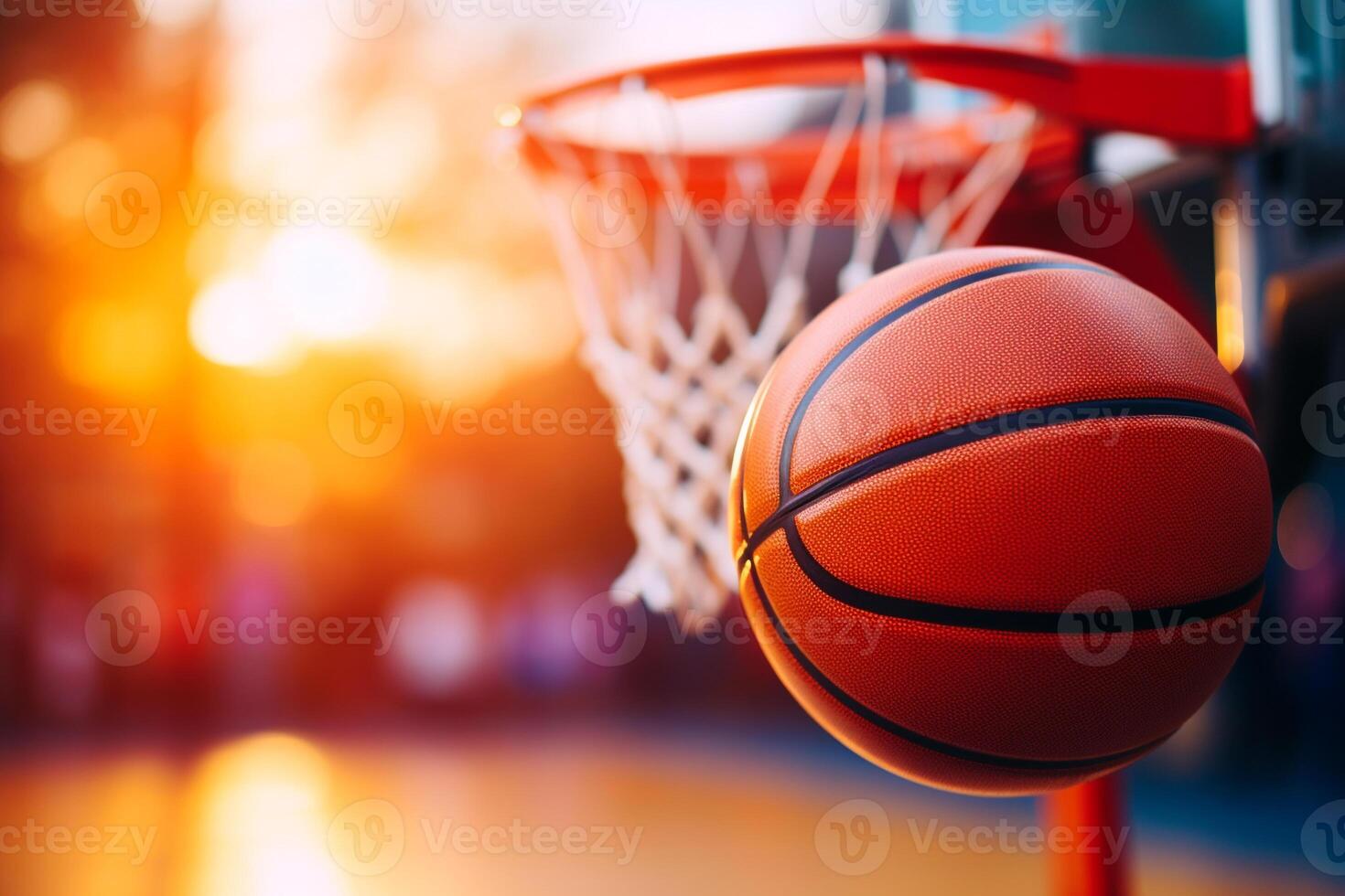 AI generated basketball ball flies into a basketball hoop. photo