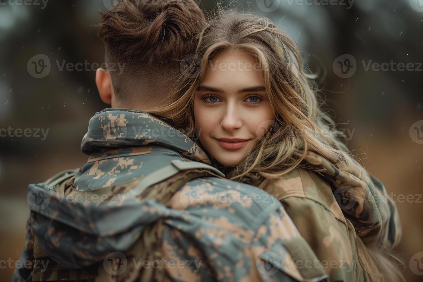 AI generated a young happy girl hugs her military boyfriend who returned from the war photo