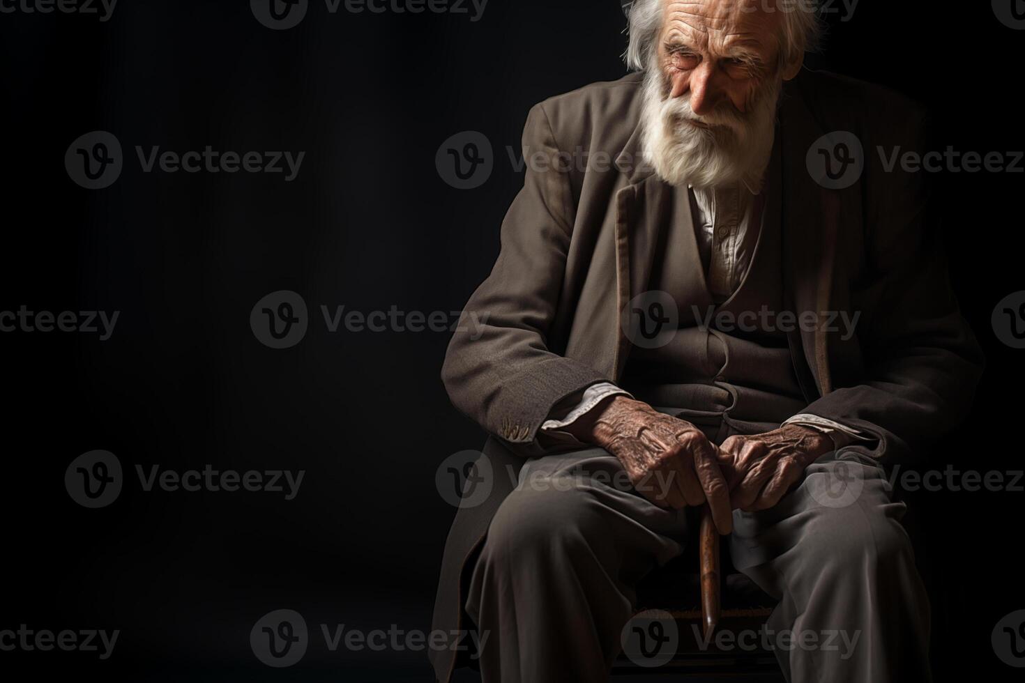 ai generado un anciano, triste hombre en un traje con un caña se sienta en un silla en un negro antecedentes foto