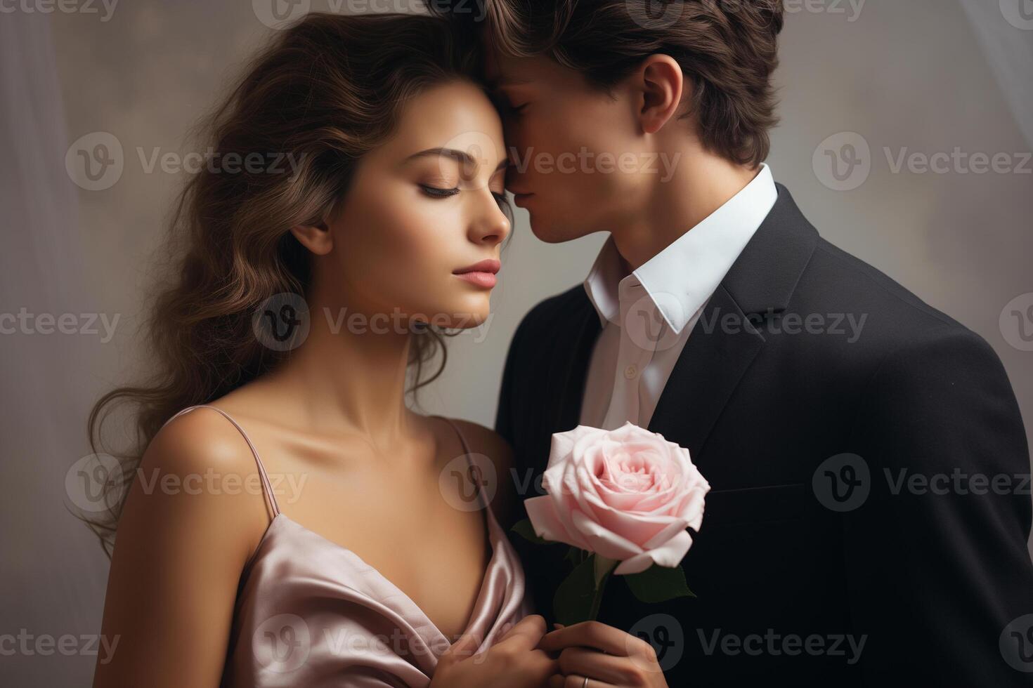 ai generado joven oferta Pareja con un ramo de flores de rosas, beige sombras, amar, romance, San Valentín día foto