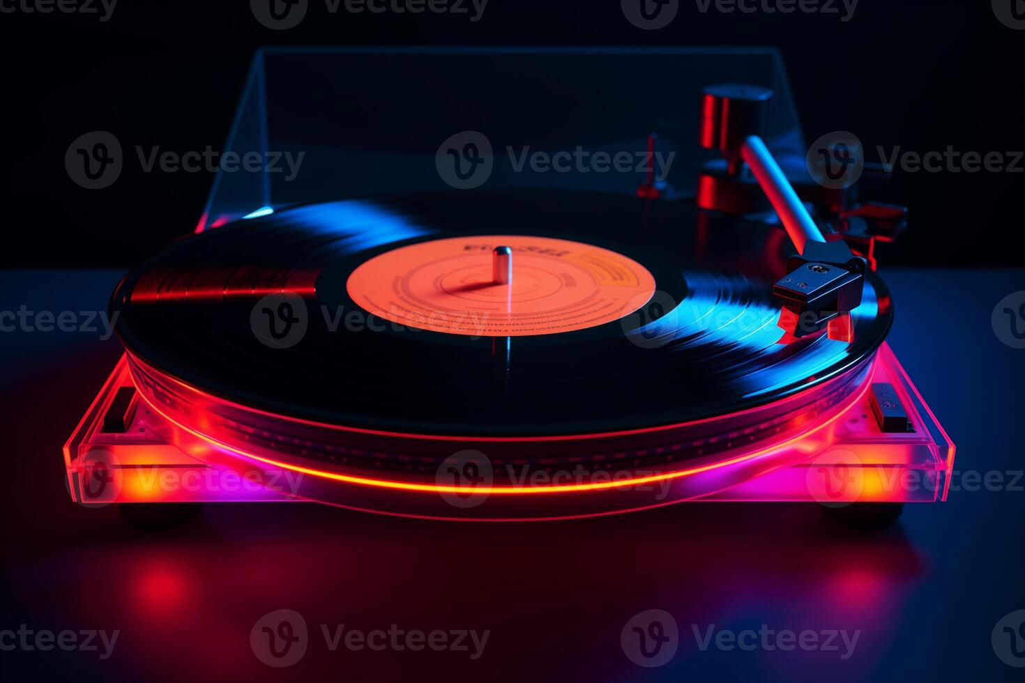 AI generated Turntable playing vinyl with red and blue light photo