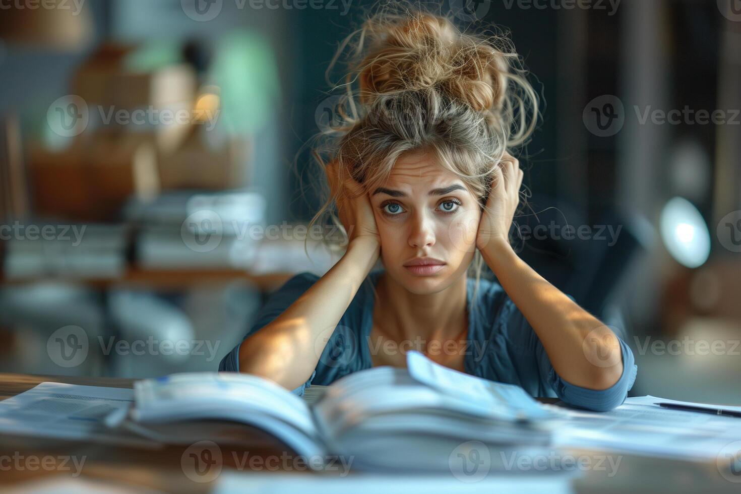 AI generated Upset employee wooman in a business suit at work in the office who is worried about overpaying taxes photo
