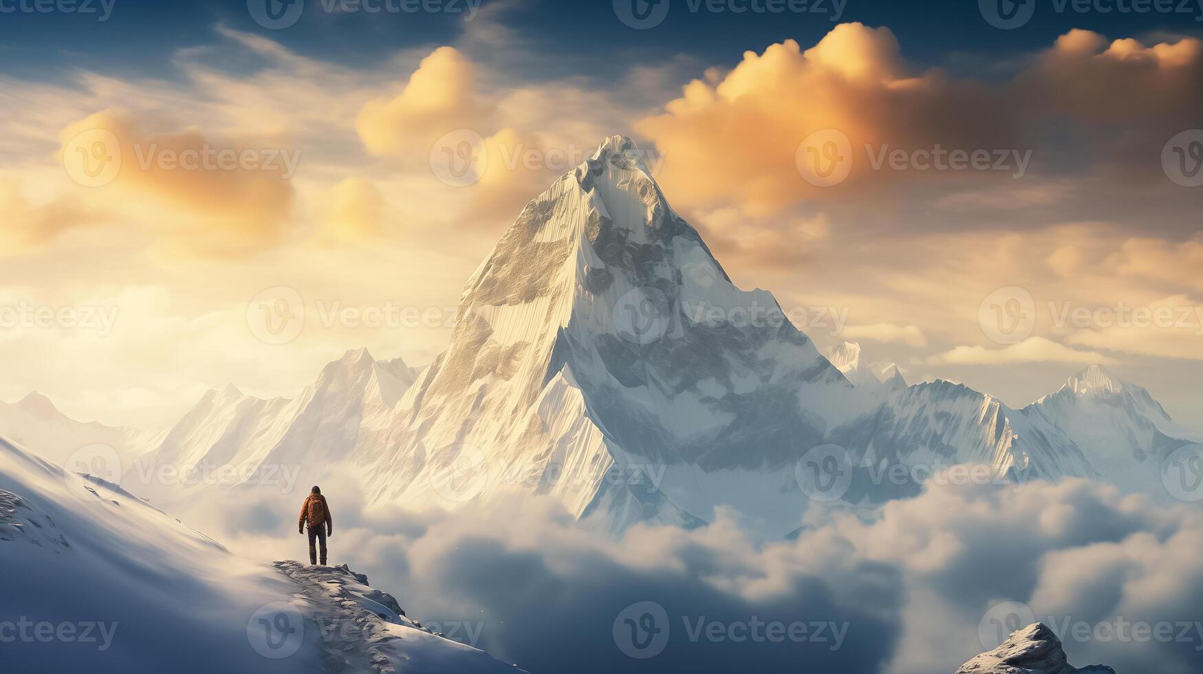 AI generated Traveler in the mountains at sunset, rear view, beautiful landscape photo