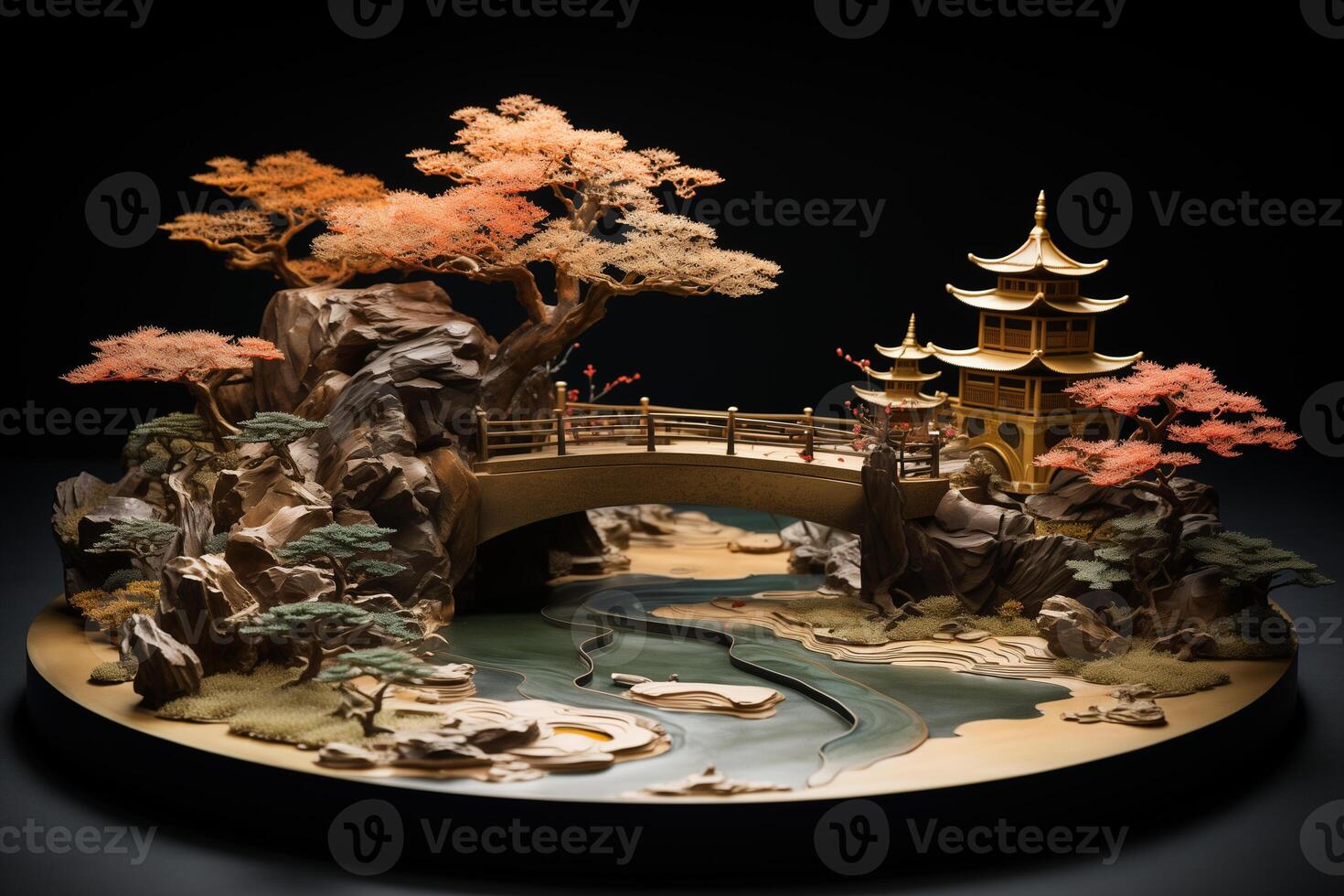 AI generated 3D render of Japanese garden and pagoda on black background photo