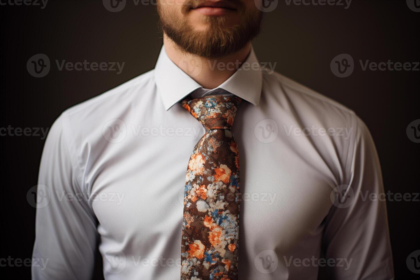 AI generated Close up of a man in a white shirt and necktie. photo