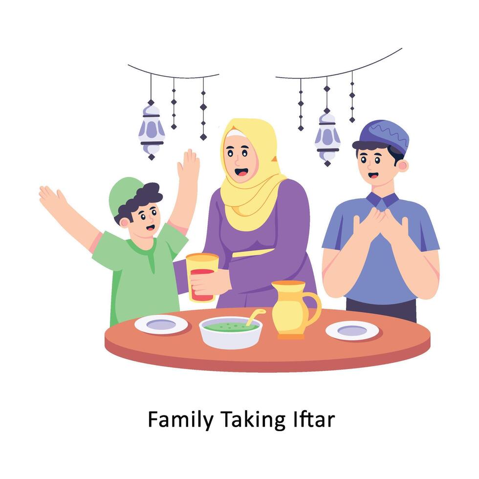 familia tomando iftar plano estilo diseño vector ilustración. valores ilustración