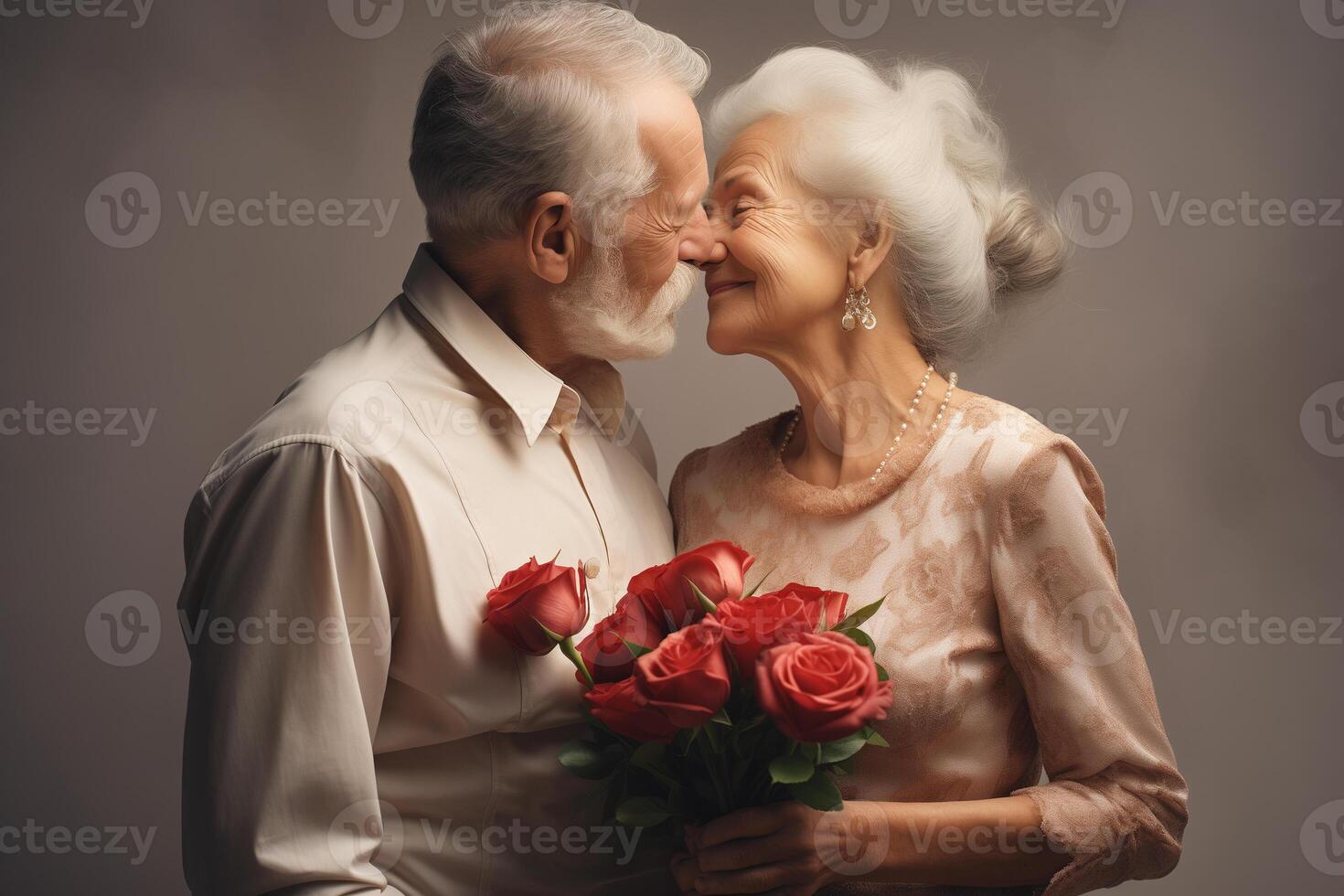 AI generated an older couple kissing and holding roses photo